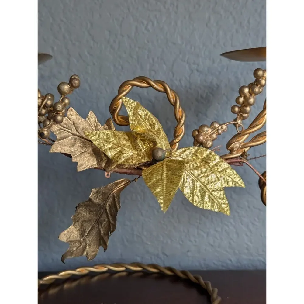 Vtg Hollywood Regency Gold Tole Metal Floral Candle Holder Centerpiece Mantel